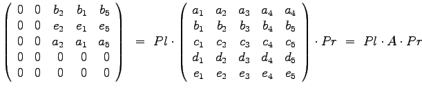 $\displaystyle{
\left(
\begin{array}{rrrrr}
0 & 0 & b_2 & b_1 & b_5 \\
0 & 0...
... & e_2 & e_3 & e_4 & e_5
\end{array}\right) \cdot Pr ~=~ Pl \cdot A \cdot Pr
}$