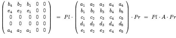 $\displaystyle{
\left(
\begin{array}{rrrrr}
b_4 & b_2 & b_1 & 0 & 0\\
e_4 & e_...
... & e_2 & e_3 & e_4 & e_5
\end{array}\right) \cdot Pr ~=~ Pl \cdot A \cdot Pr
}$