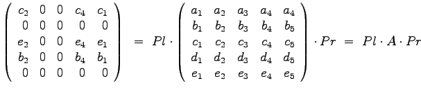 $\displaystyle{
\left(
\begin{array}{rrrrr}
c_2 & 0 & 0 & c_4 & c_1 \\
0 & 0 &...
... & e_2 & e_3 & e_4 & e_5
\end{array}\right) \cdot Pr ~=~ Pl \cdot A \cdot Pr
}$