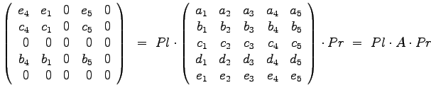 $\displaystyle{
\left(
\begin{array}{rrrrr}
e_4 & e_1 & 0 & e_5 & 0 \\
c...
..._2 & e_3 & e_4 & e_5
\end{array}
\right) \cdot Pr ~=~ Pl \cdot A \cdot Pr
}$