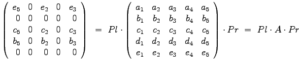 $\displaystyle{
\left(
\begin{array}{rrrrr}
e_5 & 0 & e_2 & 0 & e_3 \\
0...
..._2 & e_3 & e_4 & e_5
\end{array}
\right) \cdot Pr ~=~ Pl \cdot A \cdot Pr
}$