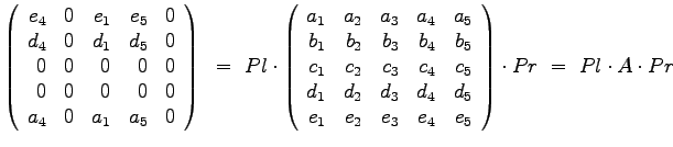 $\displaystyle{
\left(
\begin{array}{rrrrr}
e_4 & 0 & e_1 & e_5 & 0 \\
d...
..._2 & e_3 & e_4 & e_5
\end{array}
\right) \cdot Pr ~=~ Pl \cdot A \cdot Pr
}$