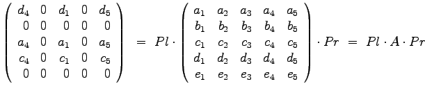 $\displaystyle{
\left(
\begin{array}{rrrrr}
d_4 & 0 & d_1 & 0 & d_5 \\
0...
..._2 & e_3 & e_4 & e_5
\end{array}
\right) \cdot Pr ~=~ Pl \cdot A \cdot Pr
}$