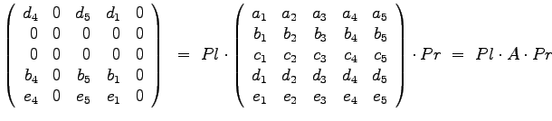 $\displaystyle{
\left(
\begin{array}{rrrrr}
d_4 & 0 & d_5 & d_1 & 0 \\
0...
..._2 & e_3 & e_4 & e_5
\end{array}
\right) \cdot Pr ~=~ Pl \cdot A \cdot Pr
}$