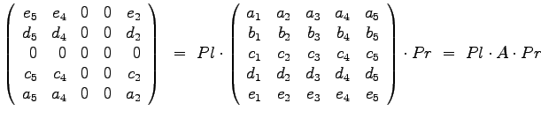 $\displaystyle{
\left(
\begin{array}{rrrrr}
e _5 & e_4 & 0 & 0 & e_2 \\
...
..._2 & e_3 & e_4 & e_5
\end{array}
\right) \cdot Pr ~=~ Pl \cdot A \cdot Pr
}$