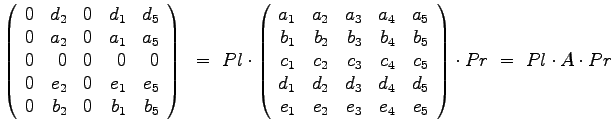 $\displaystyle{
\left(
\begin{array}{rrrrr}
0 & d_2 & 0 & d_1 & d_5 \\
0...
..._2 & e_3 & e_4 & e_5
\end{array}
\right) \cdot Pr ~=~ Pl \cdot A \cdot Pr
}$