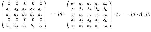 $\displaystyle{
\left(
\begin{array}{rrrrr}
0 & 0 & 0 & 0 & 0 \\
a_1 & a...
..._2 & e_3 & e_4 & e_5
\end{array}
\right) \cdot Pr ~=~ Pl \cdot A \cdot Pr
}$