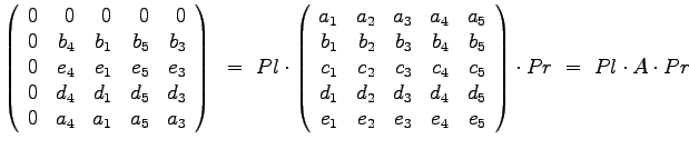 $
\left(
\begin{array}{rrrrr}
0 & 0 & 0 & 0 & 0 \\
0 & b_4 & b_1 & b_5 & b_3...
...1 & e_2 & e_3 & e_4 & e_5
\end{array}\right) \cdot Pr ~=~ Pl \cdot A \cdot Pr
$