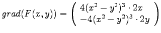 $\displaystyle{
grad(F(x,y)) =
\left(
\begin{array}{lll}
4(x^2-y^2)^3\cdot 2x \\
-4(x^2-y^2)^3\cdot 2y
\end{array}\right)
}$