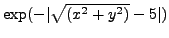 $ \exp(- \vert\sqrt{(x^2+y^2)}-5 \vert)$